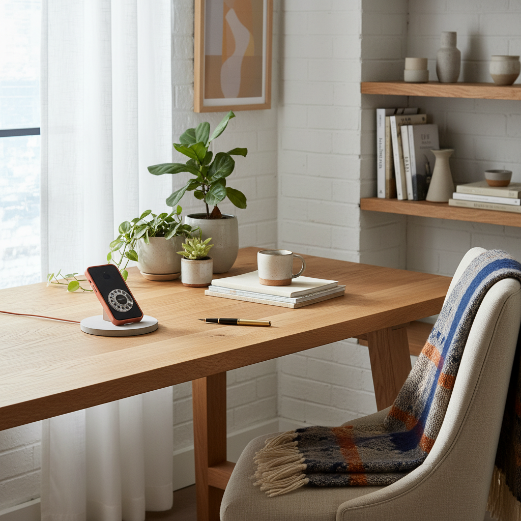 Warm Nederlands thuiskantoor met telefoon en planten — bereikbaar bij M26