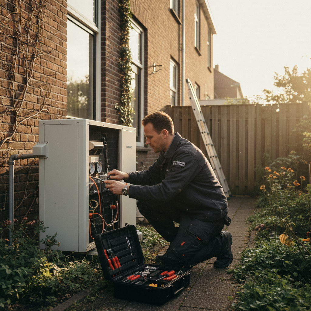 M26-monteur controleert een buitenunit warmtepomp aan de achterkant van een Nederlands rijtjeshuis