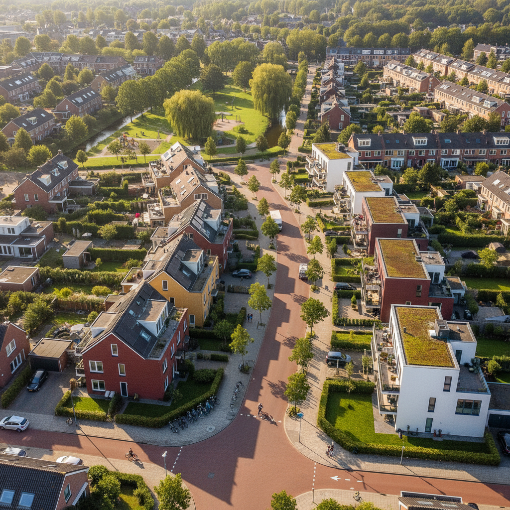 Luchtfoto van een Nederlandse woonwijk met rijtjeshuizen — adres-check op buurtniveau