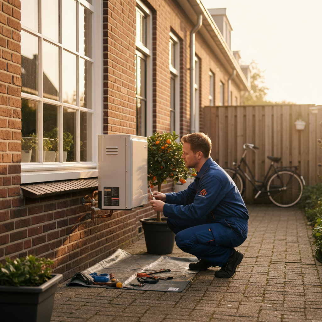 M26-monteur installeert warmtepomp