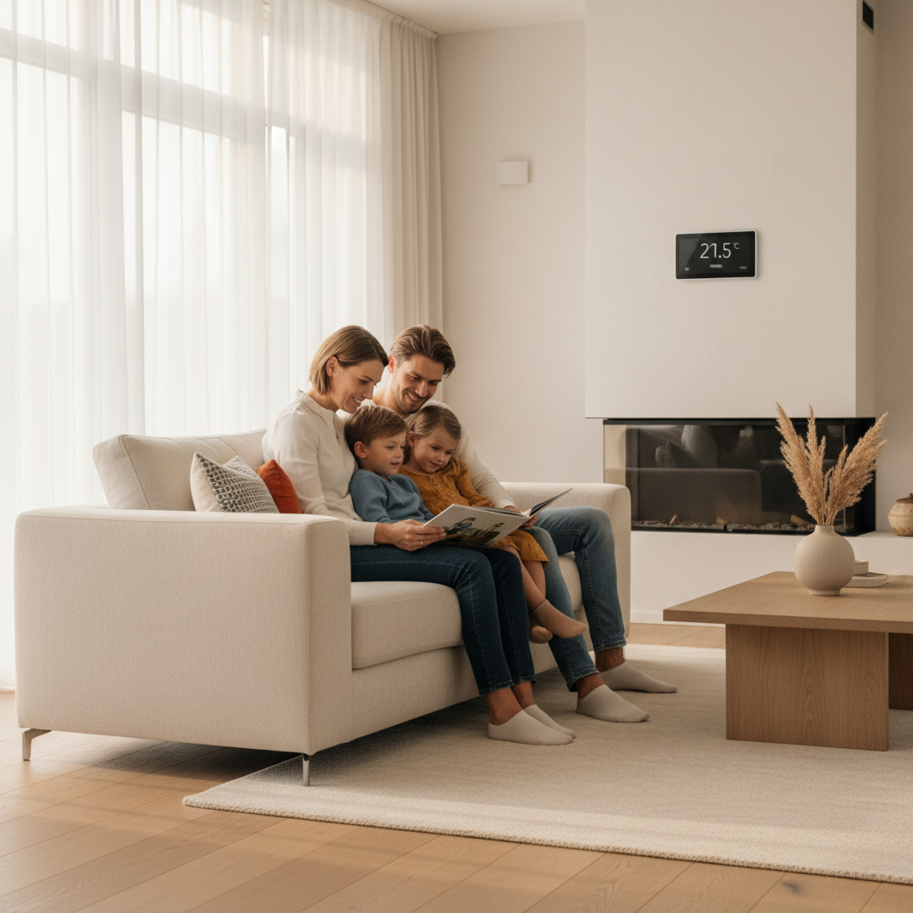 Familie in een sfeervol ingerichte jaren-30 woonkamer