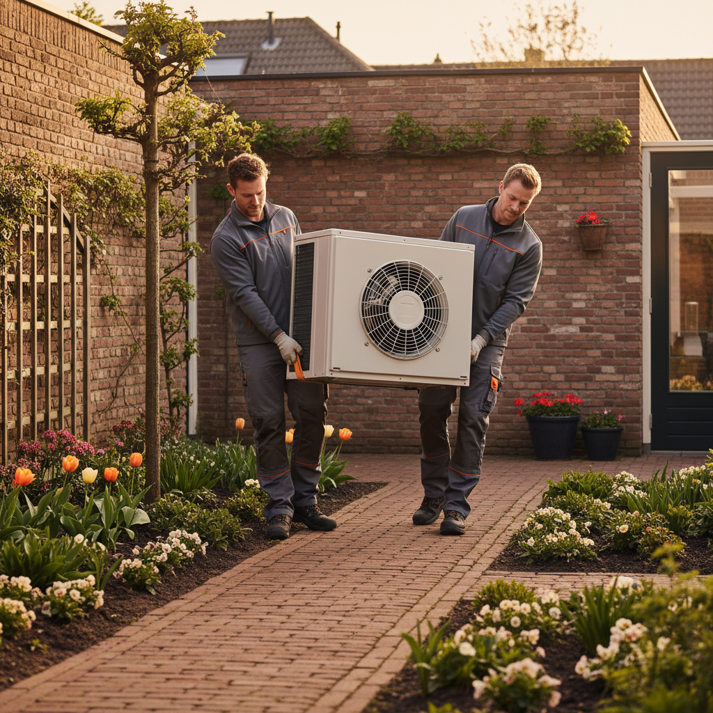 Monteur installeert een buiten-unit van een warmtepomp